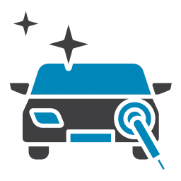 Grafik eines Autos bei der Autopflege mit Reinigungssymbolen für Autowäsche und Sauberkeit.