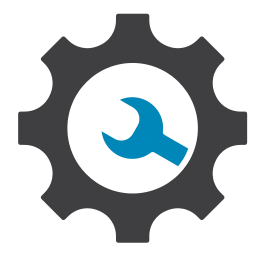 Blaues Zahnrad-Symbol als Icon für Einstellungen und technische Konfiguration.